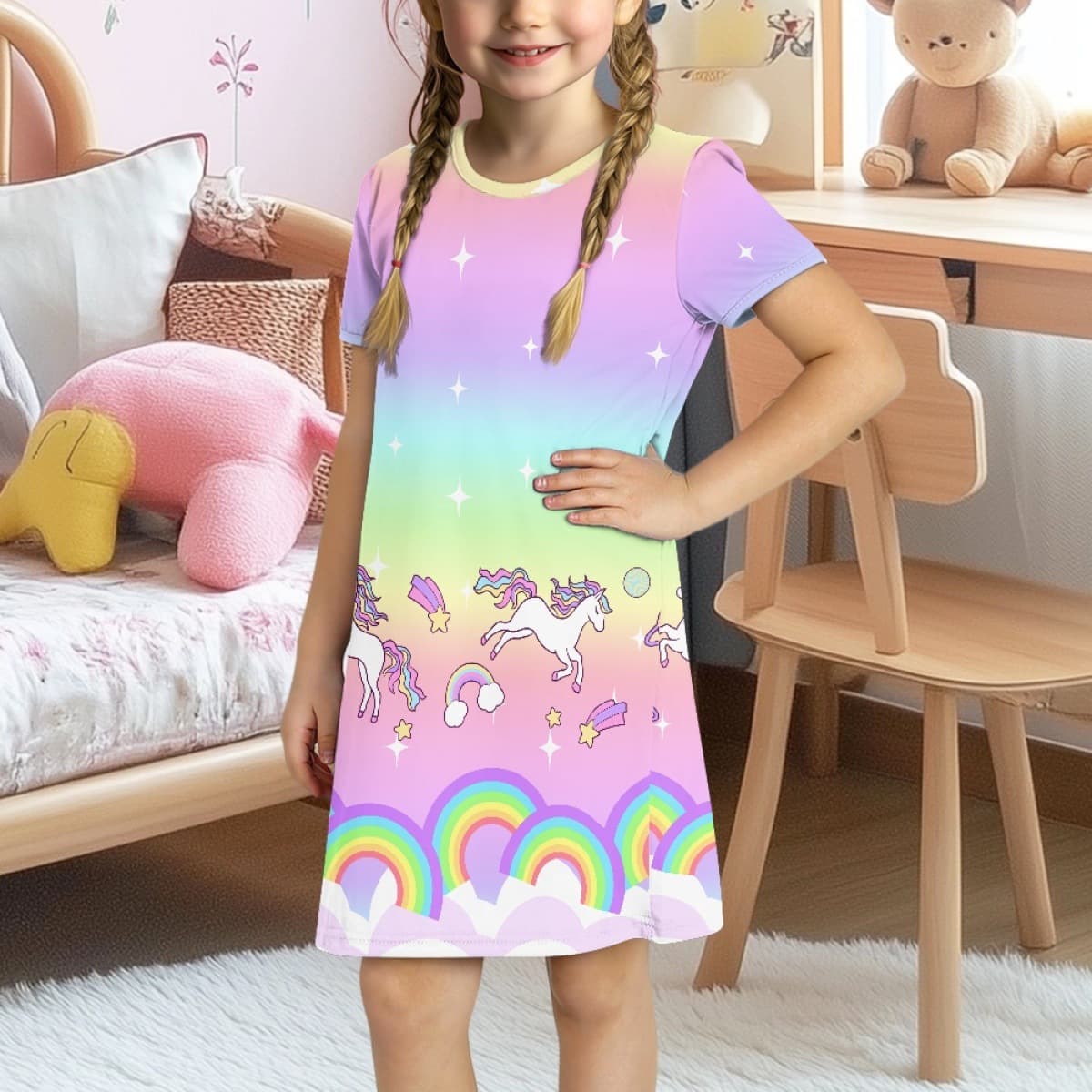 Rainbow Little Pony Short Sleeve Princess Salamander Nightgown Sweet Girl Dress Pattern Customizable