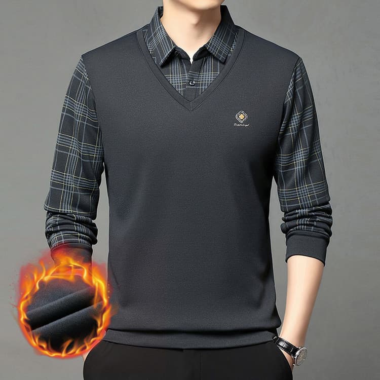 Factory wholesale autumn and winter fake two-piece T-shirts, men's thickened fleece-lined base shirts, middle-aged men's shirt collar polo shirts