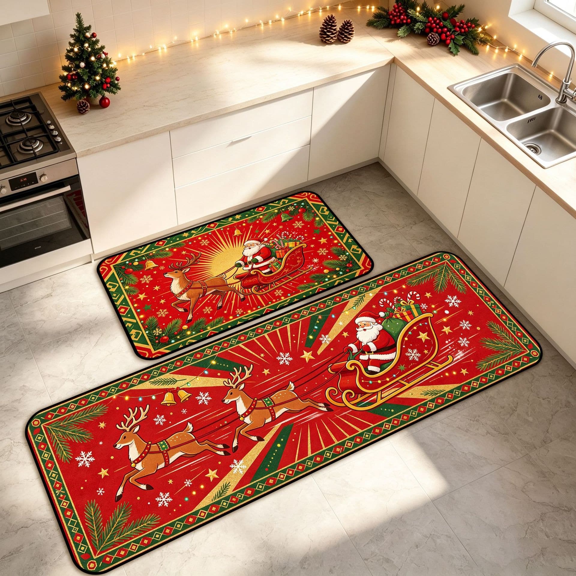 American Christmas deer kitchen two-piece carpet cartoon style retro non-slip foot mat wear-resistant and stain-resistant bedside blanket