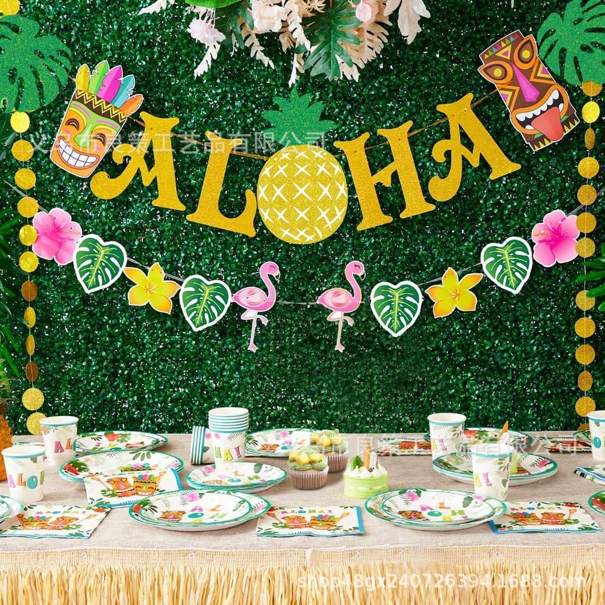 Ready in stock Hawaii ALOHA Flag Set Tropical Flamingo Pineapple Leaves Theme Party Decoration Banner