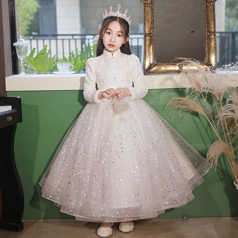 Kids Runway Dress 2026 New Simple Cute Girls White Long Sleeve Thickened Princess Dress Host Children's Formal Dress