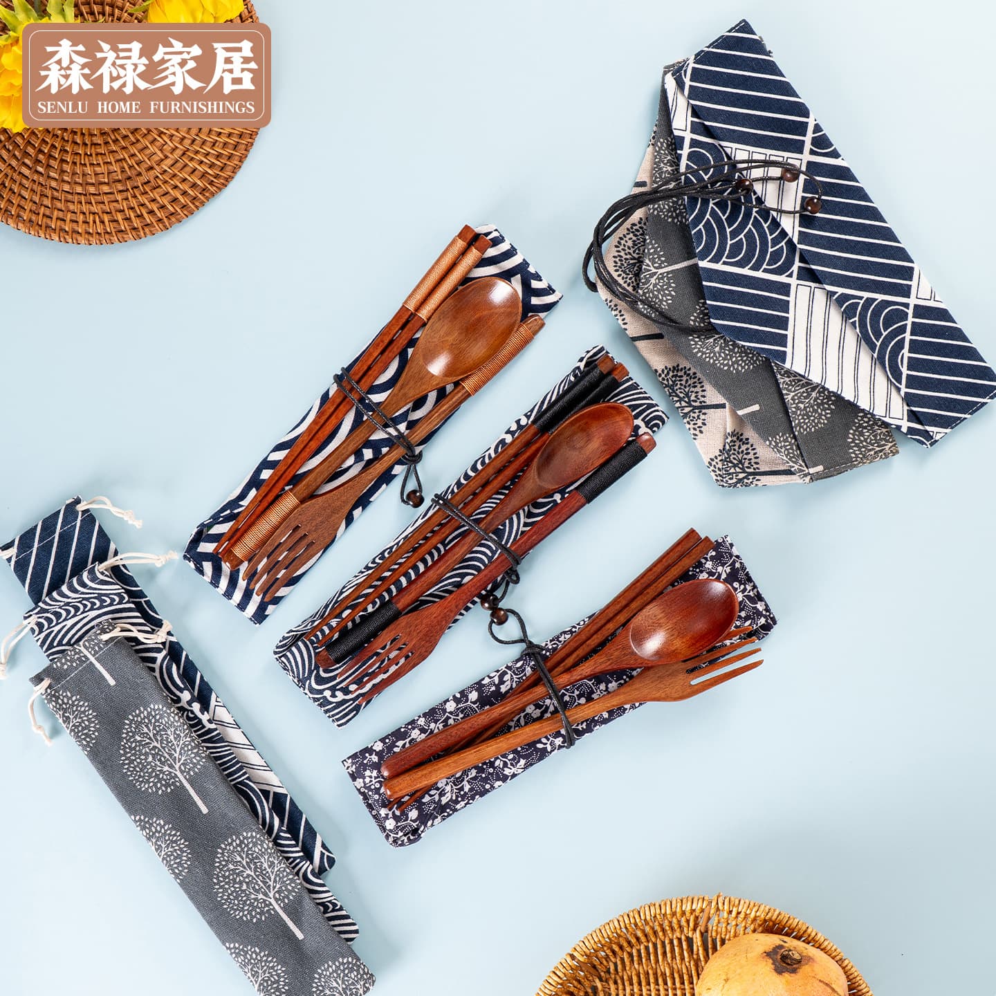 Japanese Wooden Cloth Bag Chopsticks Spoon Fork Travel Portable Cutlery Three-Piece Set, Japanese Style Wrapped Thread Wooden Spoon Set