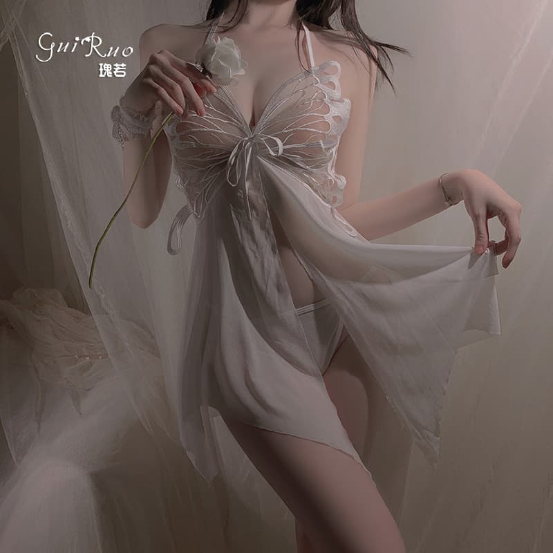 Guiruo Lingerie Sexy Backless Tempting Pure Desire Style Cross-Back Bowknot Plus Size Nightgown Set 3713