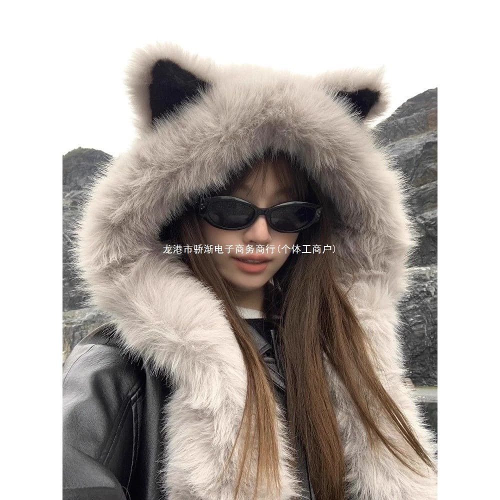 New Fluffy Fox Ear Scarf Hat for Winter 2024, Fluffy and Warm with Face-Slimming Effect, Leifeng Hat with Ear Protection