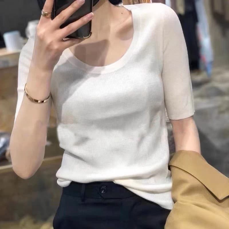 German Yangtze Yarn Worsted Superfine Wool U-Neck Base Layer Knit Five-Sleeve Thin Knit Top Short Sleeve Base Layer