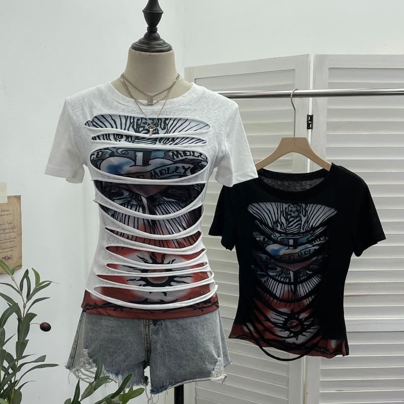 Vintage Rock Gothic Style 2025 Summer T-Shirt with Print, Distressed Design, Slim Fit Cropped Top 26961