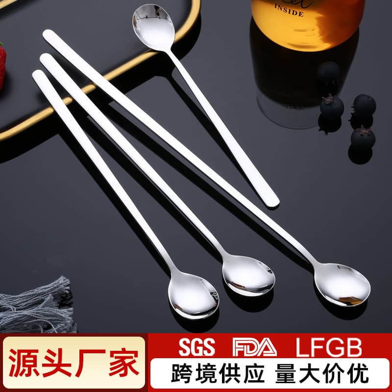 Long Handle Stainless Steel 304 Ice Spoon Coffee Stirring Spoon Extended Length Dessert Juice Spoon Korean Style Commercial Wholesale