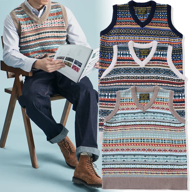OKONKWO British Retro Fair Isle Pattern Layering Vest Wool Blend V-Neck Wool Vest