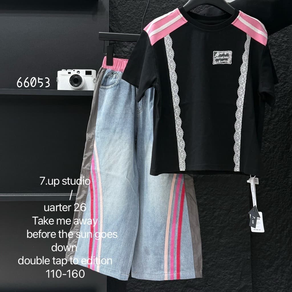 Sizes 110-160 Girls' Big Kids Contrast Webbing Short-Sleeve Denim Set, Korean Casual 2-Piece Outfit