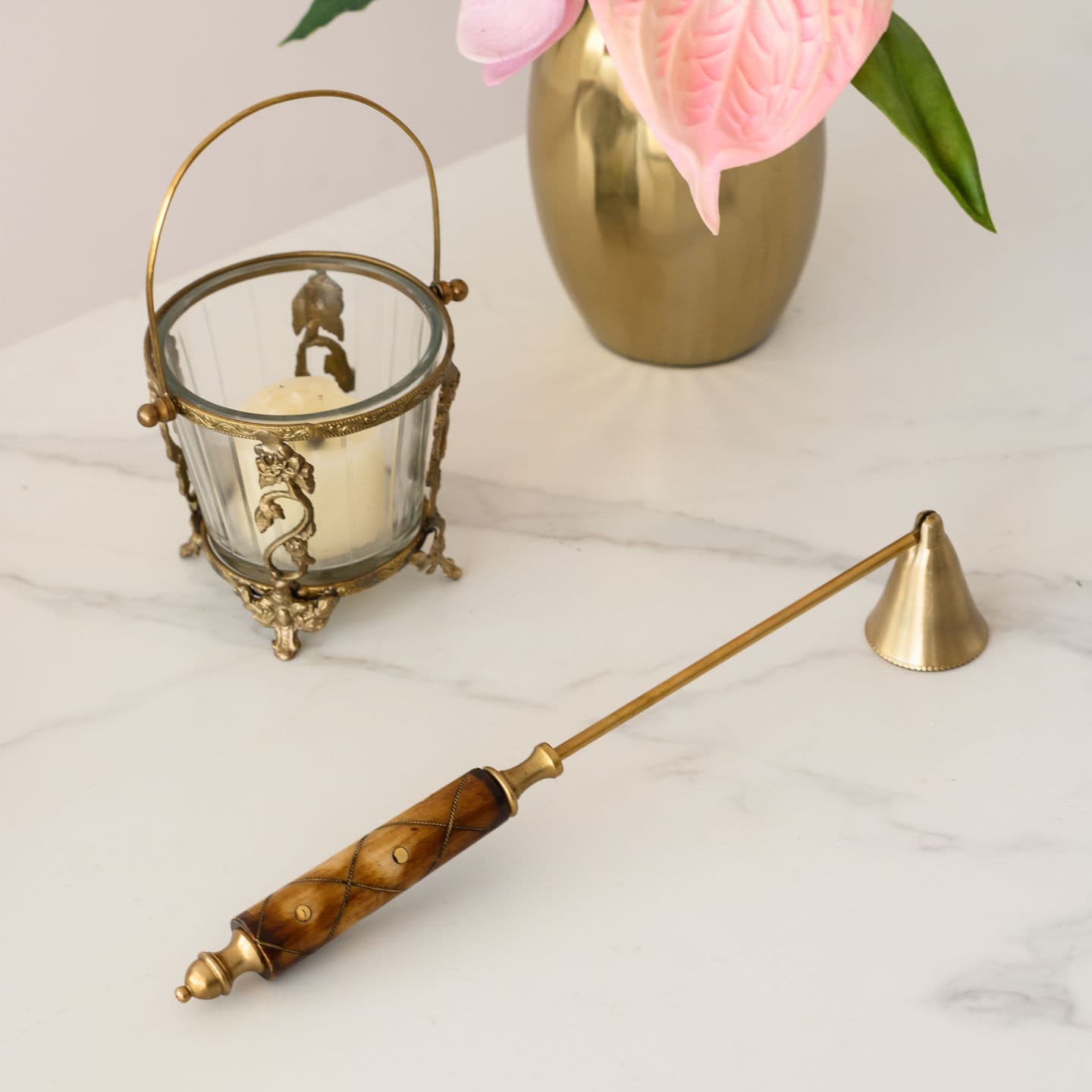 Imported Vintage European Brass and Ox Bone Handle Candle Snuffer, Candle Holder, and Bell Cover Tool