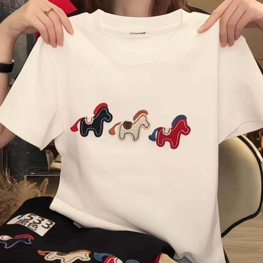 2026 New Cartoon Pony Print Short Sleeve T-Shirt Women Black Round Neck Loose Casual Top