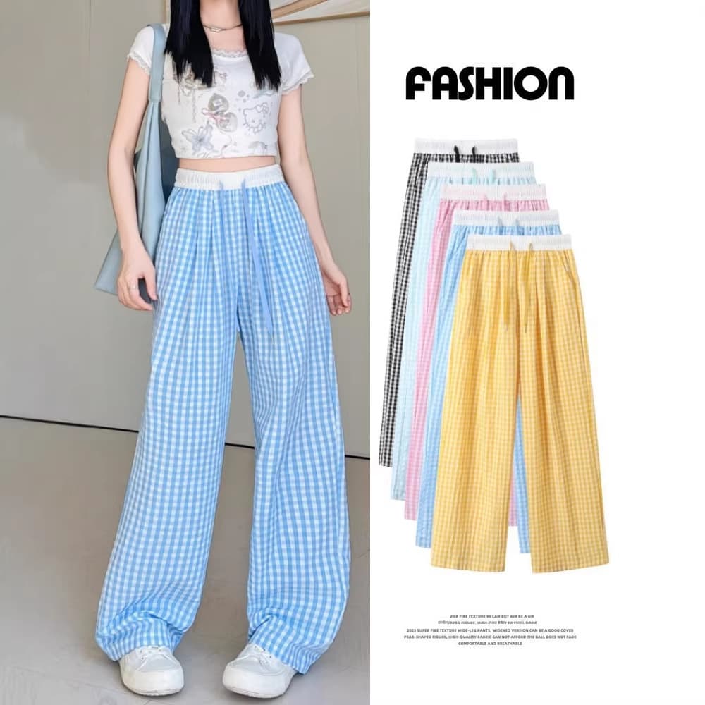 Blue Plaid Pants Women's Summer Thin Dopamine Drape Plaid Ice Silk Wide Leg Pants Casual Straight Yamamoto Pants