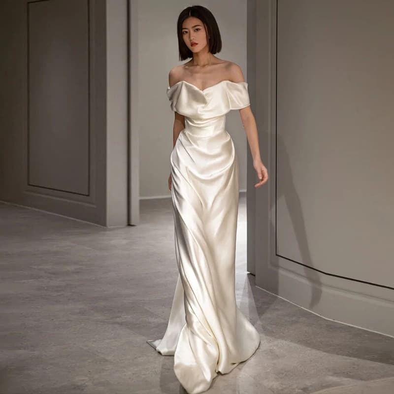 French White Off-Shoulder Light Wedding Dress High-Quality Satin Bride Wedding Guest Entrance Dress Banquet Toast Evening Gown