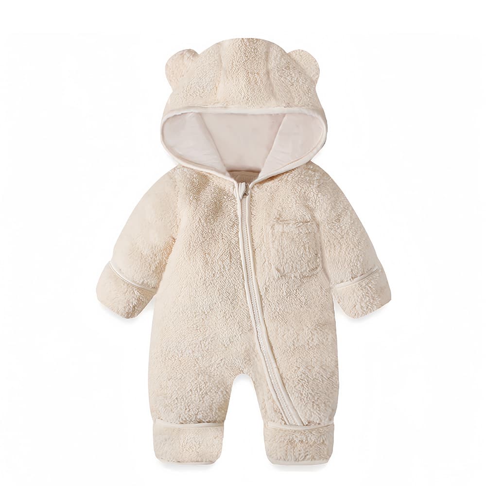Children's European and American Winter Style Bear Zipper Solid Color Hooded Romper Jumpsuit Baby Clothing