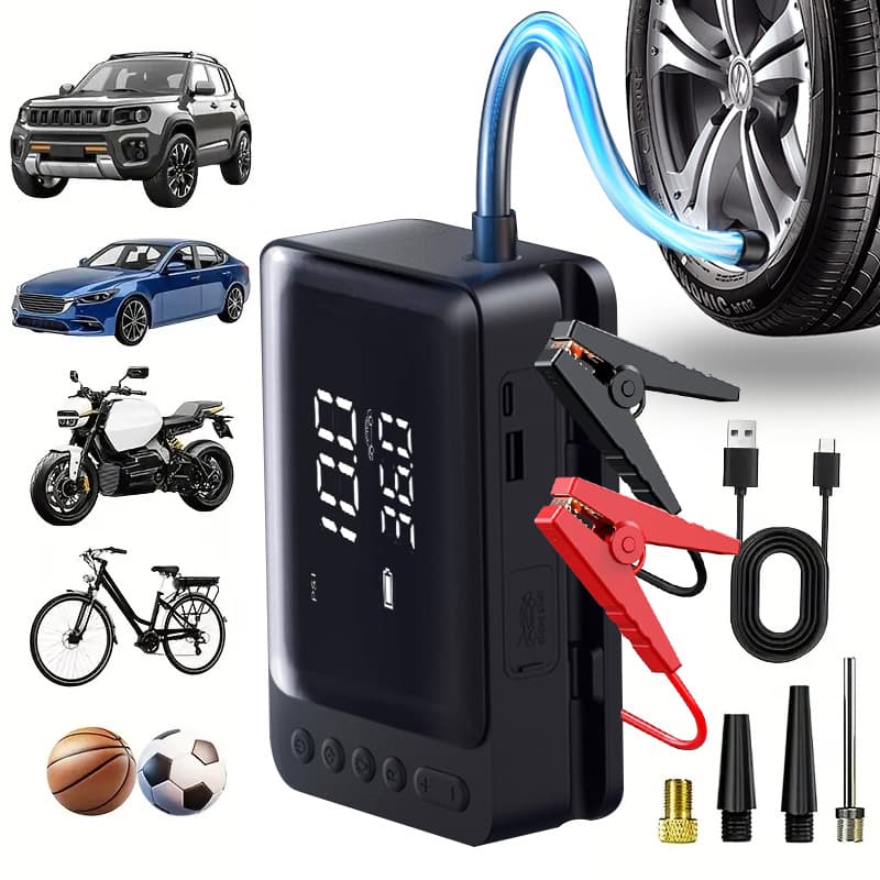 Car Inflator Pump Emergency Jump Starter Wireless Charging Power Bank All-in-One Tire Inflator