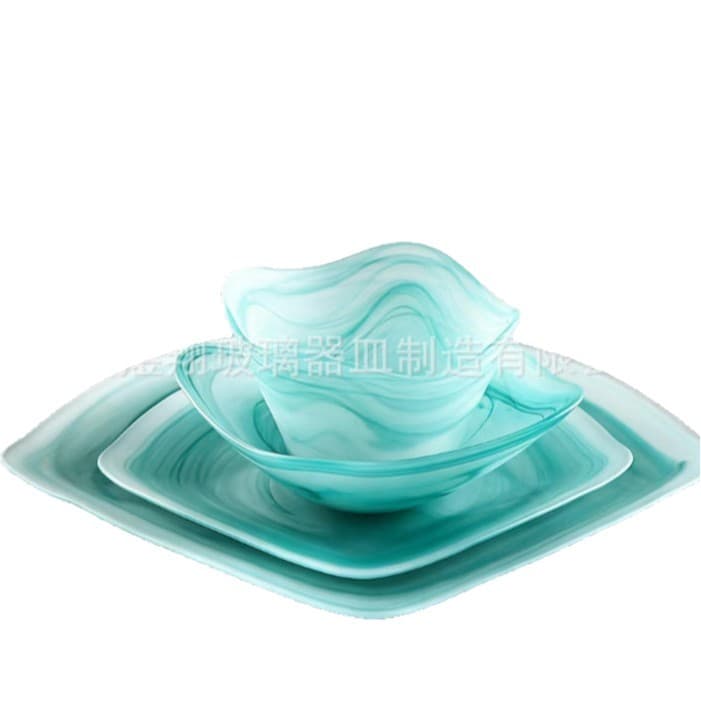 Export hot-selling glass dinnerware set, premium cloud design glass bowl, salad bowl, snack bowl, square glass plate
