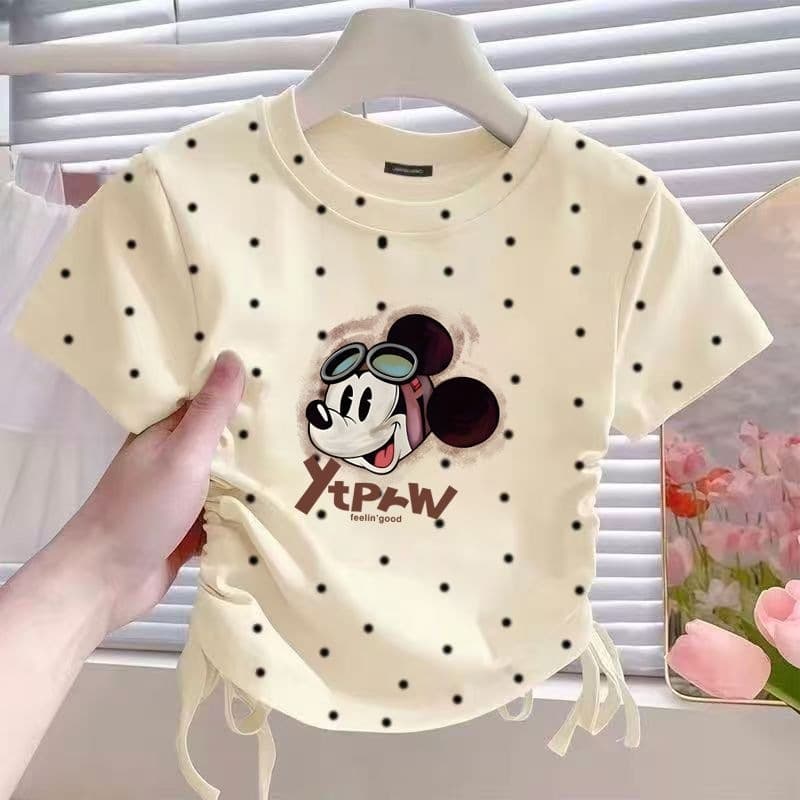 Pure cotton girls short drawstring half-sleeved top summer new sweet polka dot cartoon children's short-sleeved shirt trend