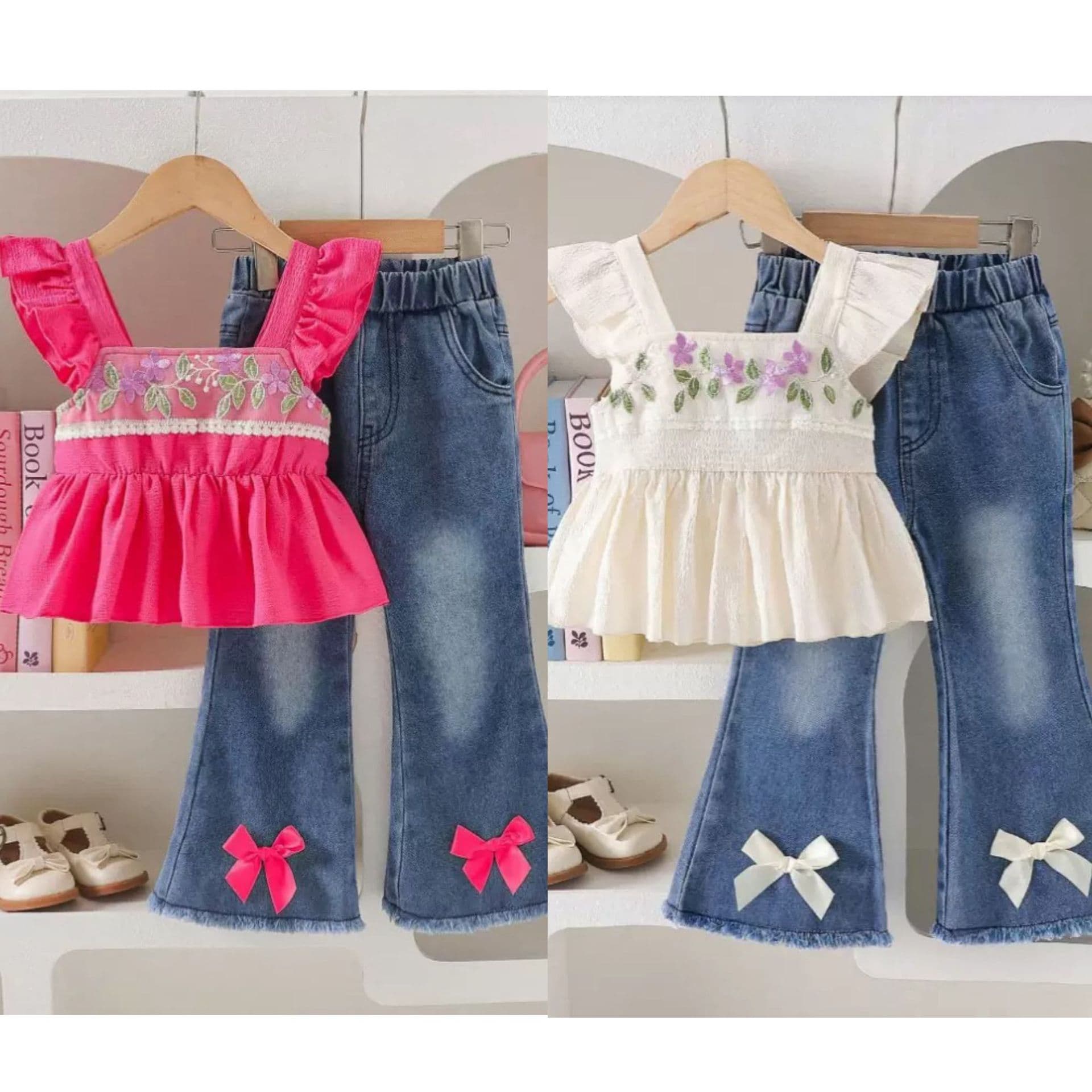 26 European and American children's suspenders mesh embroidered baby doll clothes bow denim trousers two-piece children's clothing girls' suit