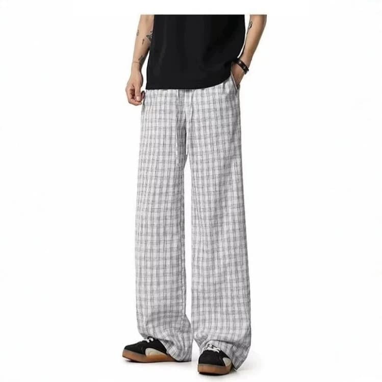 Men's fashionable personality black and white checkered drawstring scimitar wide leg pants men's summer youth drape niche casual floor mopping pants