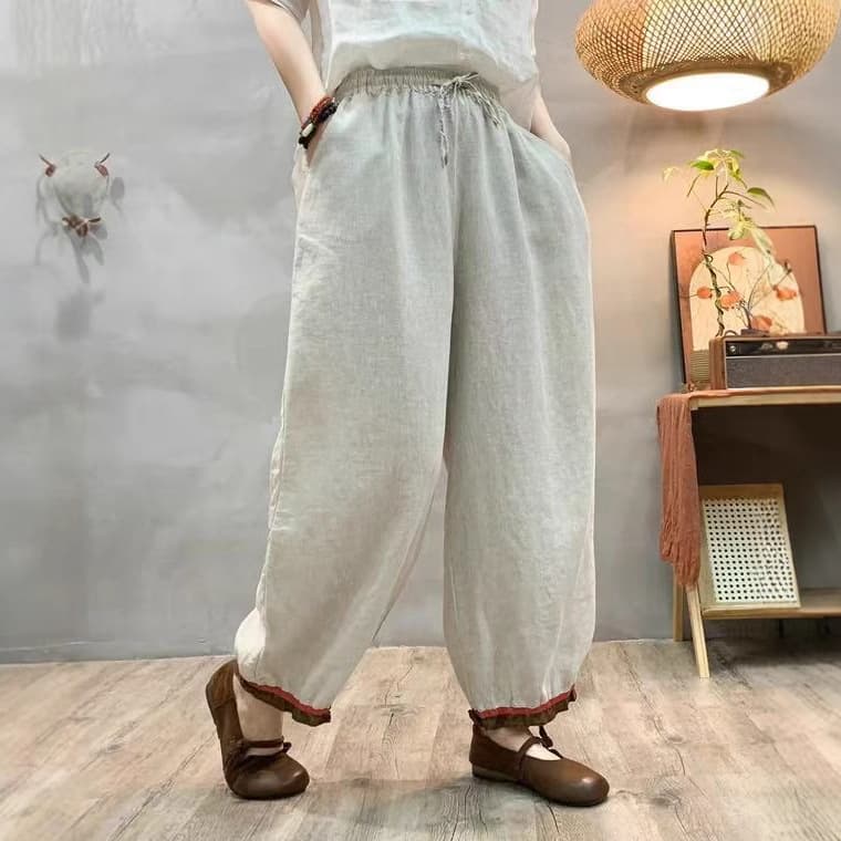 2025 Spring Casual Linen Loose Harem Pants with Lace Trim Hem