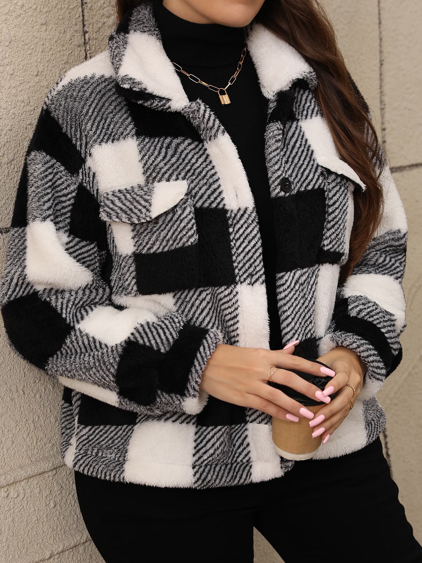 Oversized Women's Thick Double-Sided Plush Plaid Single-Breasted Notch Lapel Coat