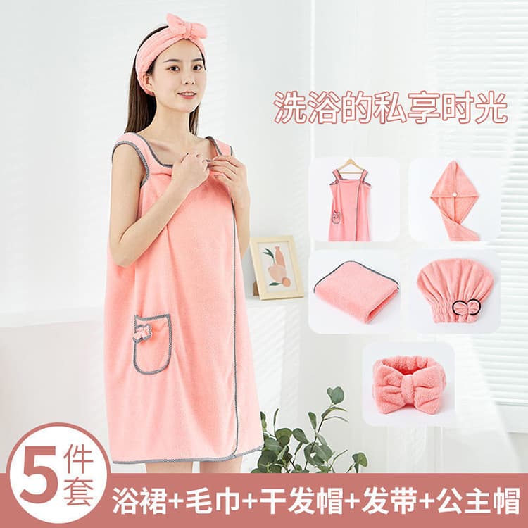 Manufacturer wholesale coral fleece bath towel, adult strap bathrobe, hair band, dry hair cap, shower cap, towel set, super soft.