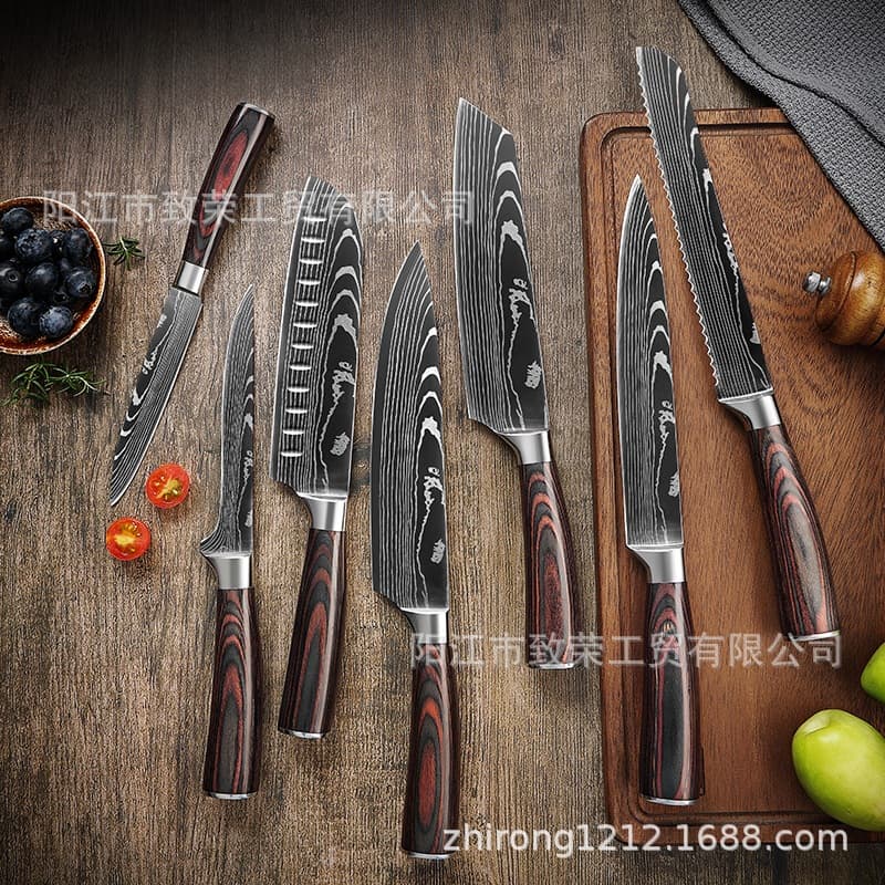 Cross-border Damascus Steel Pattern Chef Knife Fruit Knife Stainless Steel Knife Set Japanese Style Santoku Knife Vegetable Knife