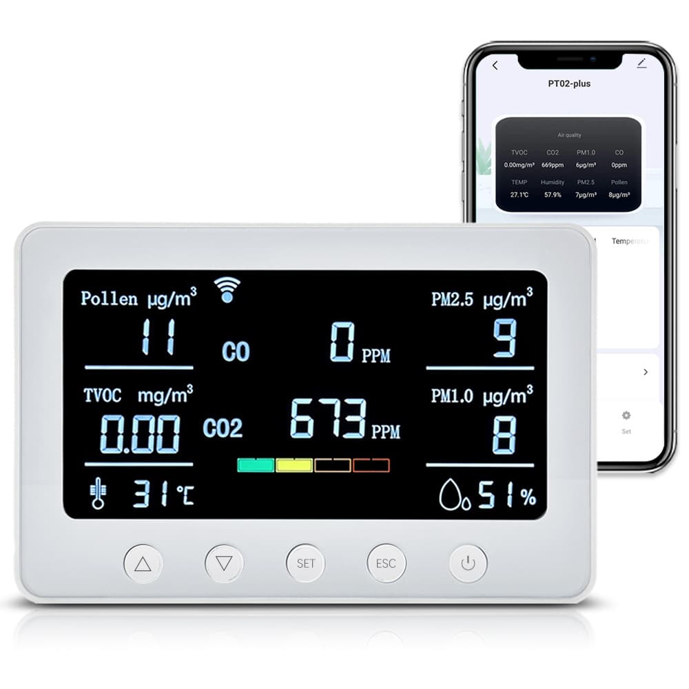 Cross-border 6-in-1 multi-functional gas detector, graffiti dust odor alarm, CO2 detector, temperature and humidity sensor
