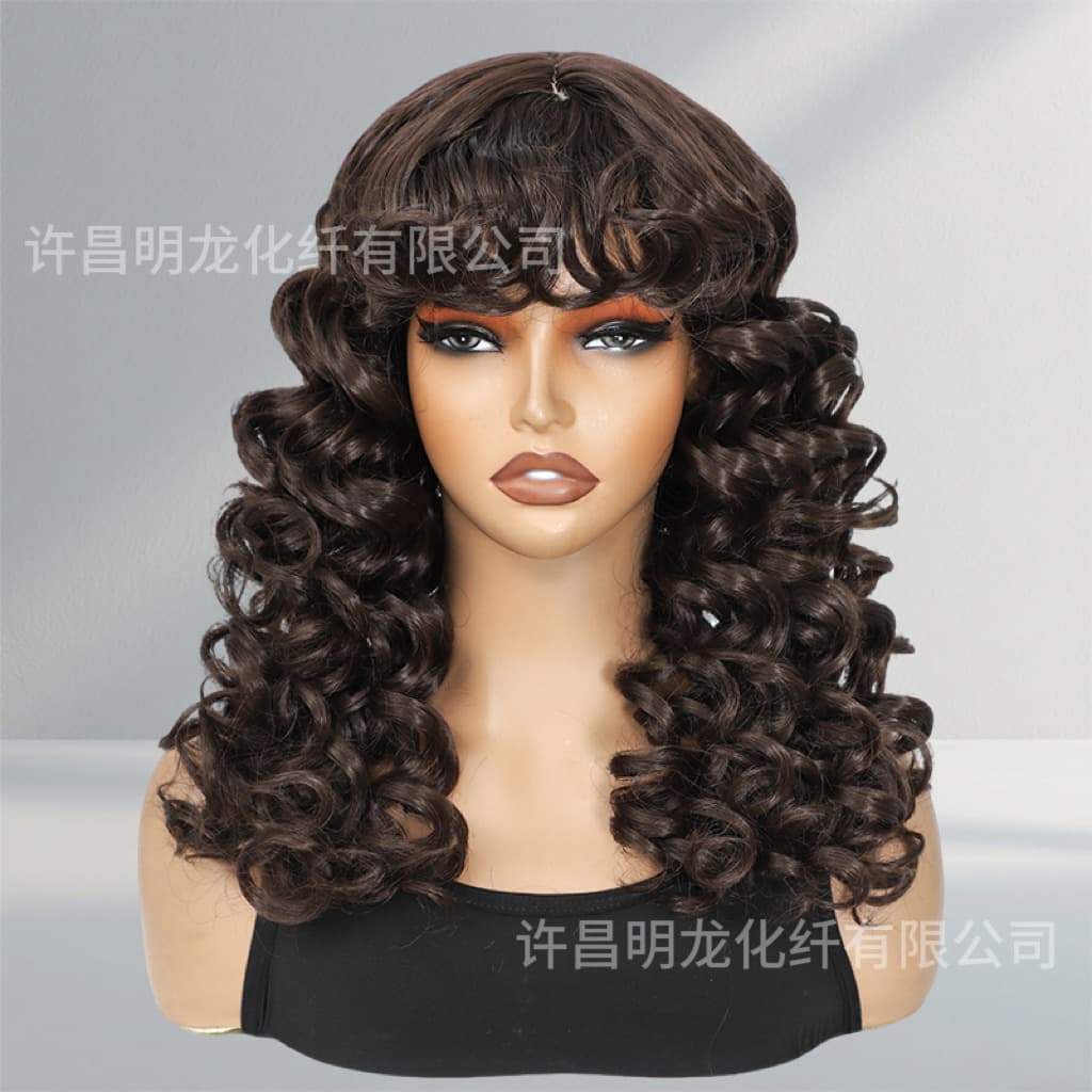 20inch Silky Curly Wave Elastic Wig with Bangs Headgear Wig Women's Chemical Fiber Hair Machine Made Wig