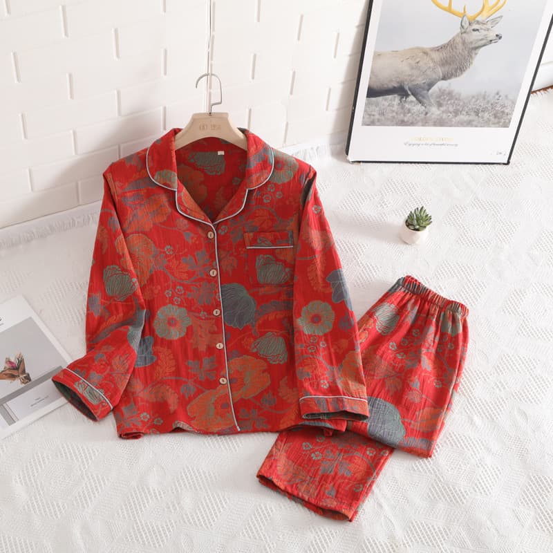 Women's Cotton Sleepwear Long Sleeve Double Layer Embroidered Home Clothes Set Large Size Can Be Worn outside Spring Autumn Season