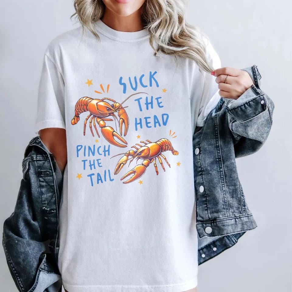 Crayfish Suck Head Pinch Tail T-Shirt Funny Lobster Eating Method Print Tee Casual Daily Life Women Men