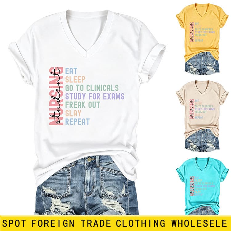 Nursing Student Eat Amazon eBay Independent Site Versatile Casual Women's V-Neck Short Sleeve T-Shirt