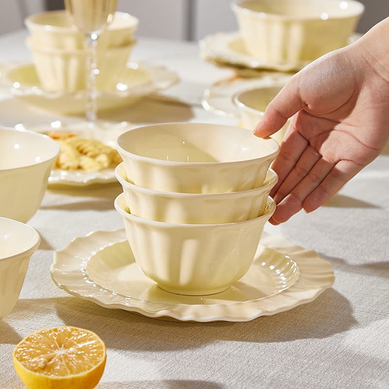 Underglaze Color Cream-Style Ceramic Rice Bowl Tableware Set, Bowl and Plate Set for Home Use, Fish and Vegetable Plate, Soup Bowl, Noodle Bowl, Rice Bowl
