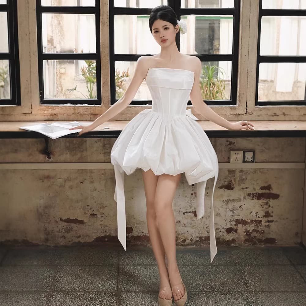 French Strapless Light Wedding Dress Bride Petite Simple Elegant Satin White Short Engagement Birthday Little Dress