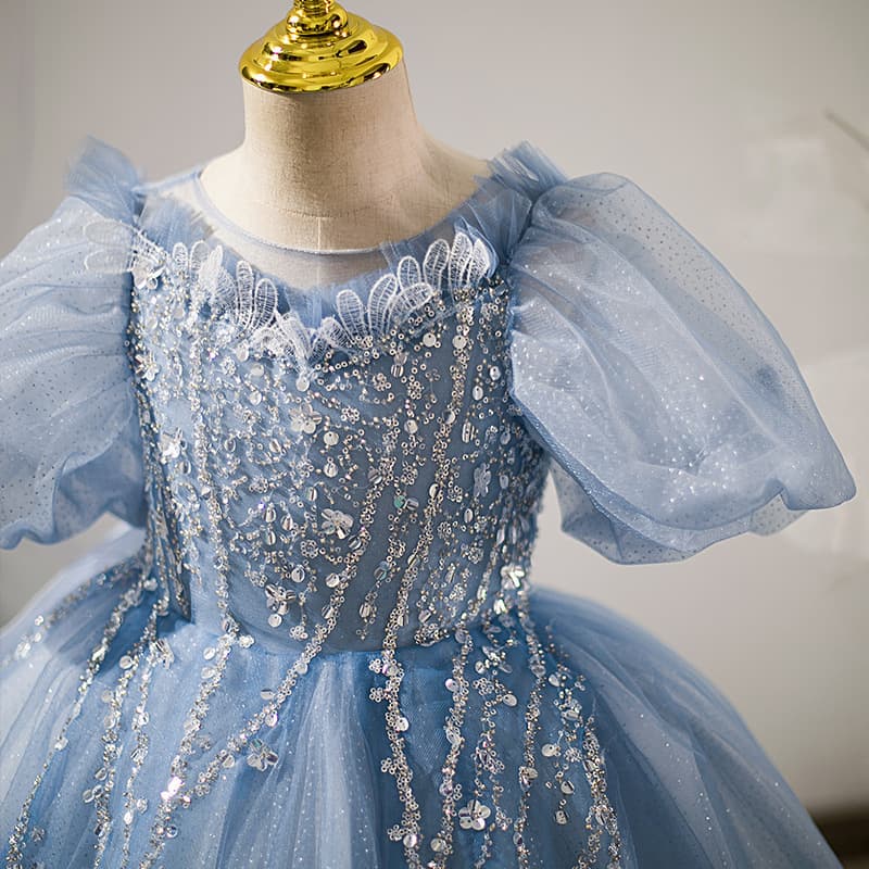 Children's Formal Dress Blue Puff Sleeve Tulle High-End Girls Princess Dress Model Runway Piano Performance Costume