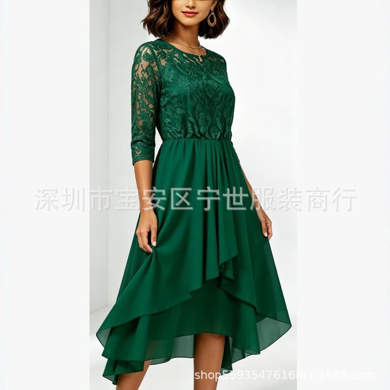 2026 New European and American Cross-border Lace Patch 3/4 Sleeve Chiffon Asymmetric Hem Dress Factory Stock