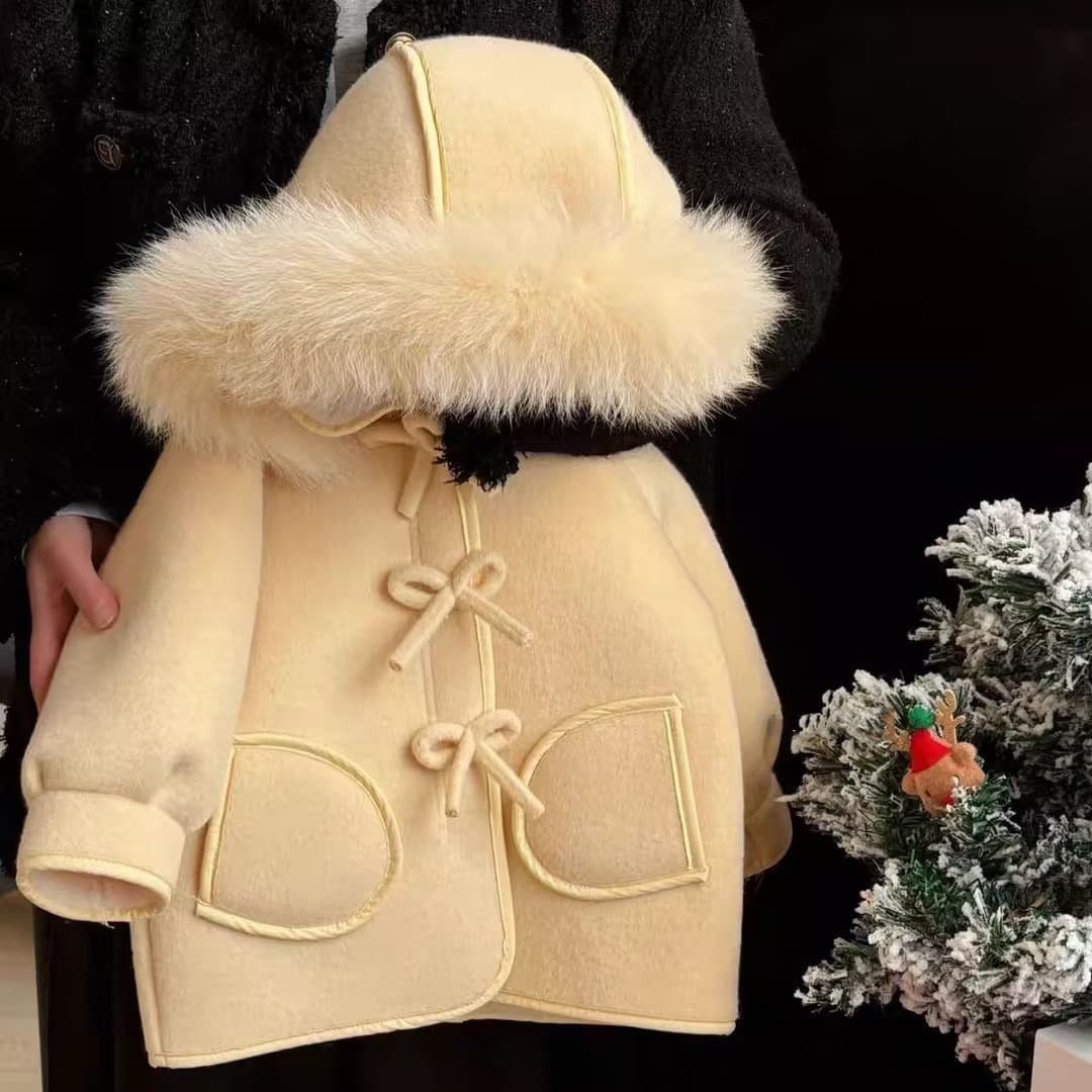 2024 Winter Korean Style Baby Girl's New Year Clothing, Girl's Bow-Lined Fleece Hooded Wool Coat, Warm and Fleece-Feeling