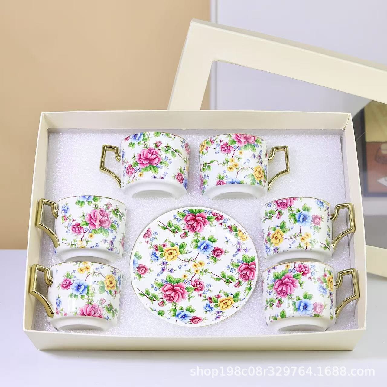 European Ceramic Coffee Cup Set, 6 Cups & 6 Saucers Gift Box 12-Piece Set, Gold-Plated Cup & Saucer Water Cup Combo, Cross-Border Floral Tea Cup