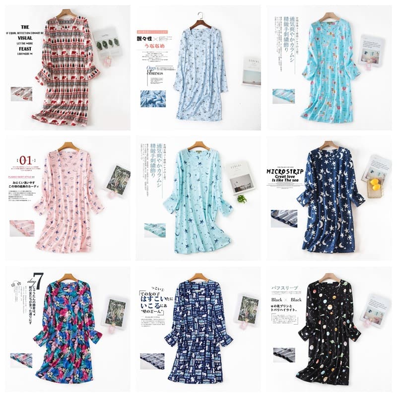Summer Long Sleeve Nightgown for Women Plus Size Cute Cartoon Homewear Knitted Cotton Pajamas
