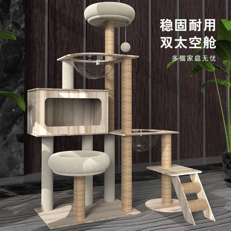 Cat Tree Large Cat Condo with Extra Large Space Capsule, Cat Villa, Cat Toy, Integrated Cat Scratching Post, All-Season Use
