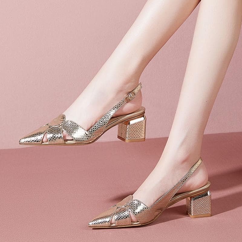 2026 Summer New Gold Mid Heel Chunky Heel Sandals Women Versatile Fashion Pointed Toe Open Back High Heel Sandals Women