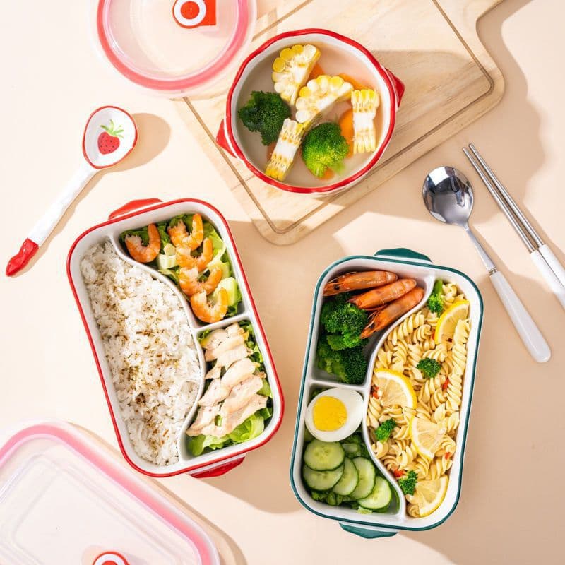 Ceramic Lunch Box, Microwave-Safe, Large Capacity Three-Compartment, Home Office Use, Fresh-Keeping Box, Children's Lunch Box, Bento Box