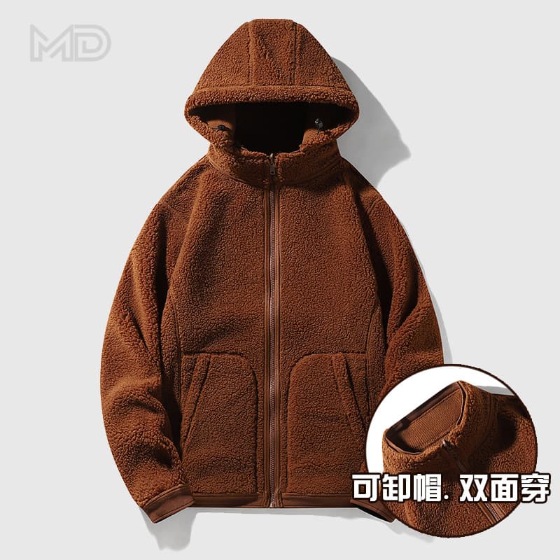 Fall/Winter Detachable Hood Fleece Cardigan Sweatshirt Men Warm Top Fleece-Lined Thick Hooded Reversible Couple Jacket