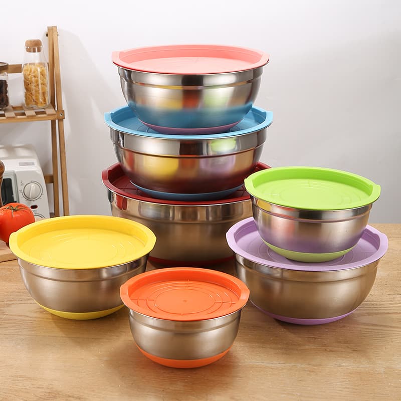 Factory Wholesale Thickened Stainless Steel Egg Beating Bowl with Lid, Non-Slip Colored Silicone Base, and Measurements