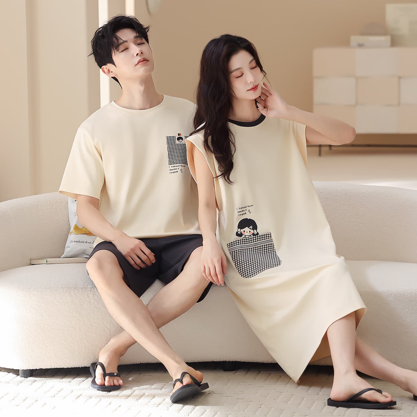 Summer couple pajamas, women's pure cotton nightgown, 100% cotton short-sleeved cartoon shorts, breathable round neck, men's and women's home wear