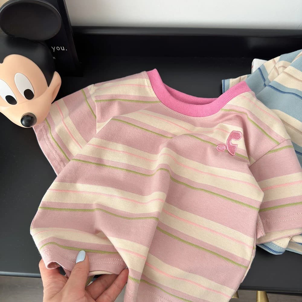Sweet Xiaosi summer cotton children's striped short-sleeved girls' embroidered T-shirt Korean version versatile short T fashion top short-sleeved