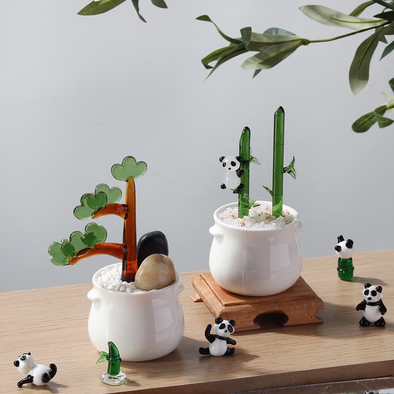 Zibo Luoying Creative Bamboo Plant Glass Potted Plants Small Decorative Office Desk Chinese Style Craftwork Ornament