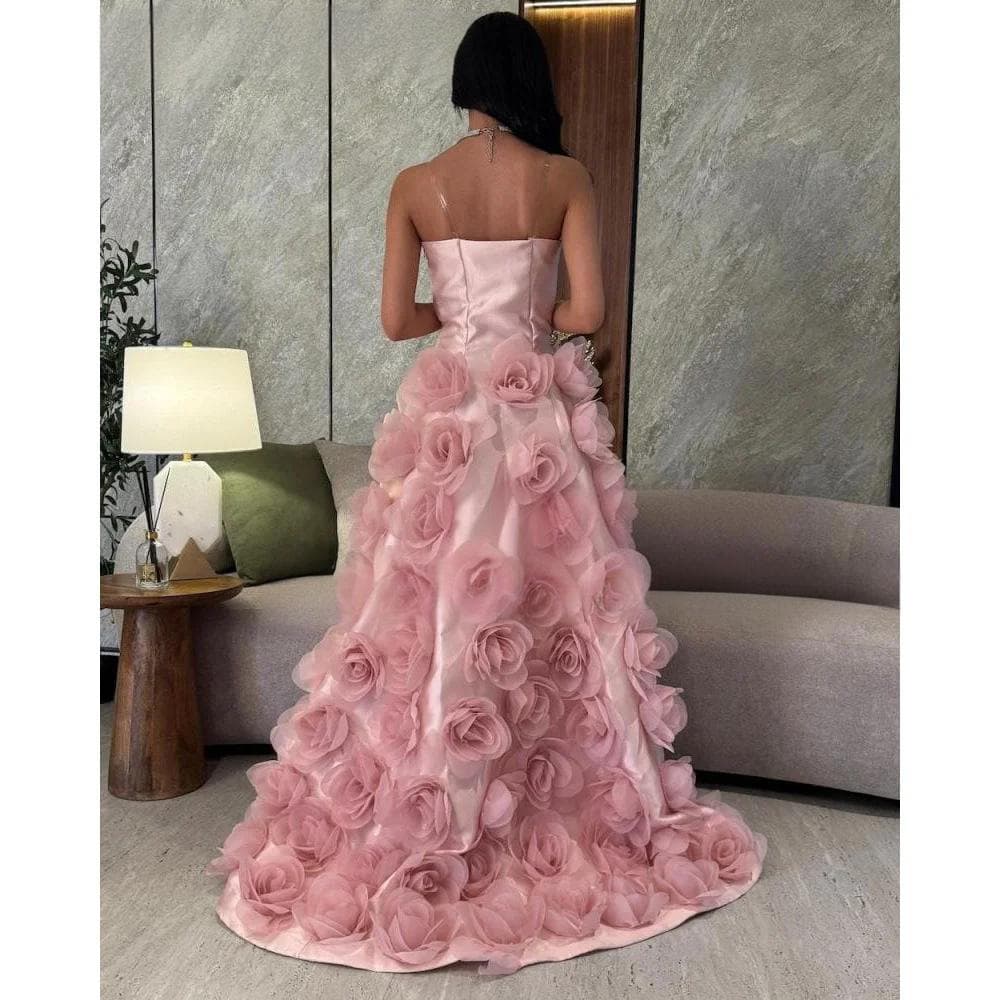 European and American Fashion Strapless Evening Gown with 3D Floral Details, Long Dress for Birthday Party, Elegant and Premium Style