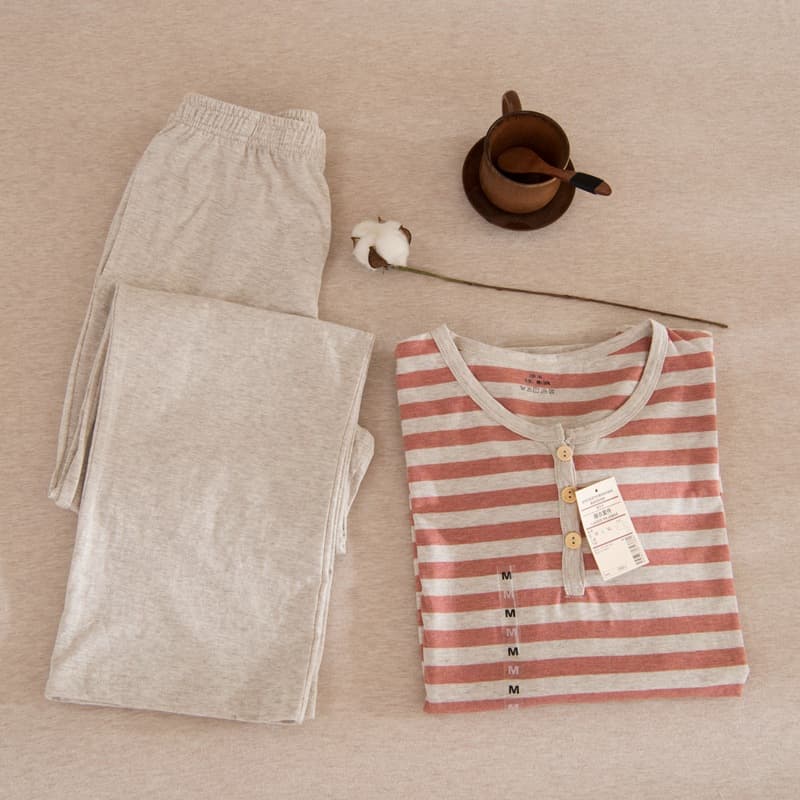 Unprinted Japanese Style Side-Seam-Free Pajamas Men's and Women's Striped Homewear Knitted Pure Cotton Tianzhu Cotton Loungewear Set