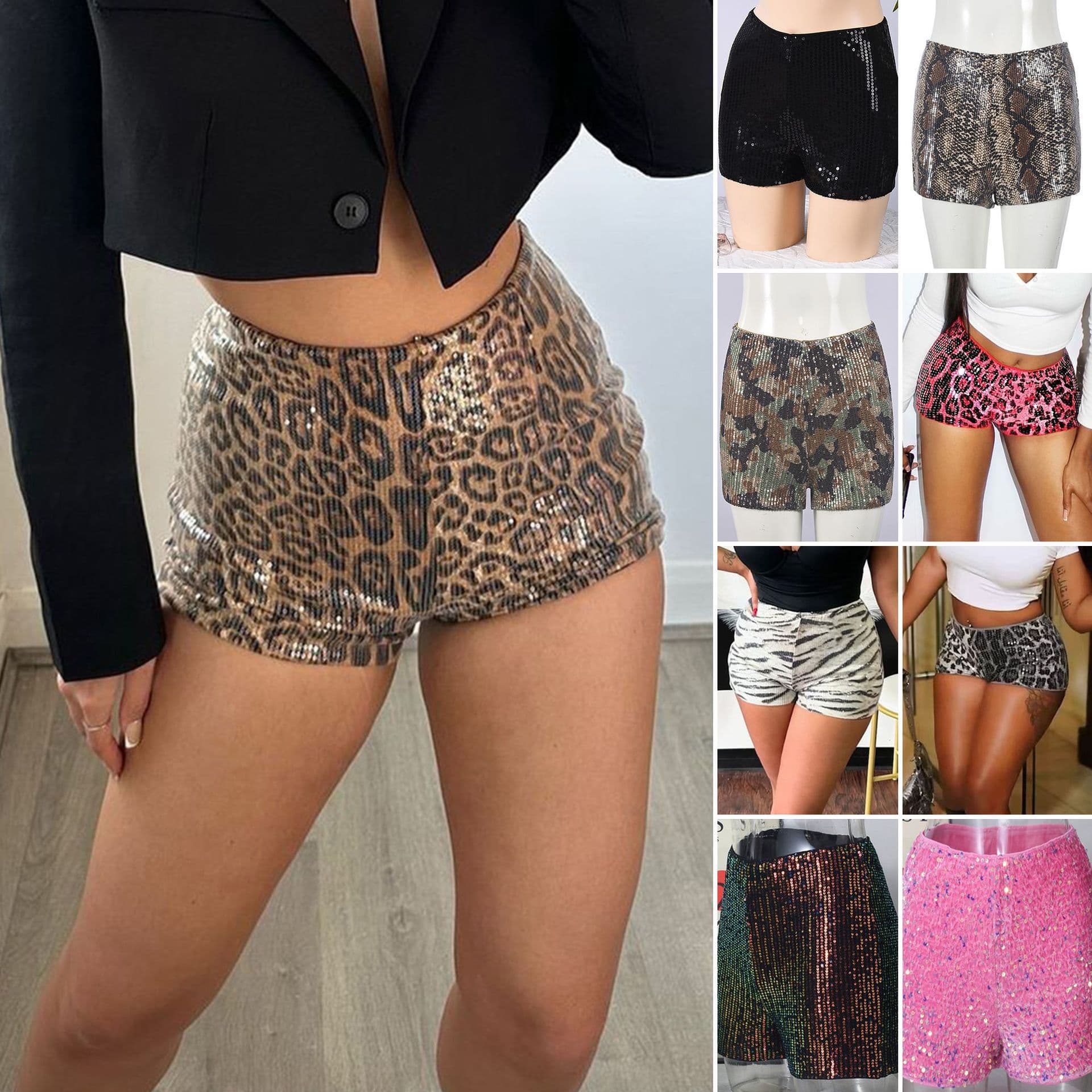 Amazon Cross-border Sequin Women's Christmas New Leopard Print Elastic Waist Casual Shorts